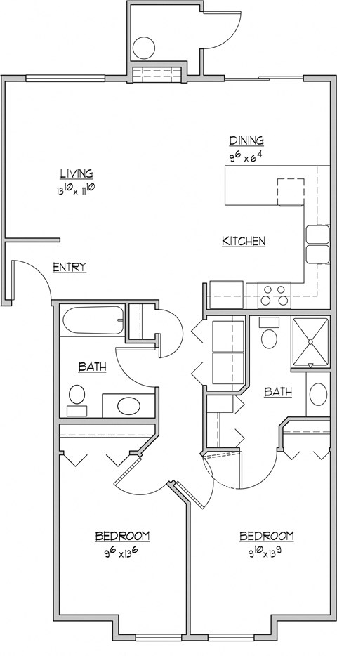 Floor plan for 2 beds, 2 baths, 975 sqft
